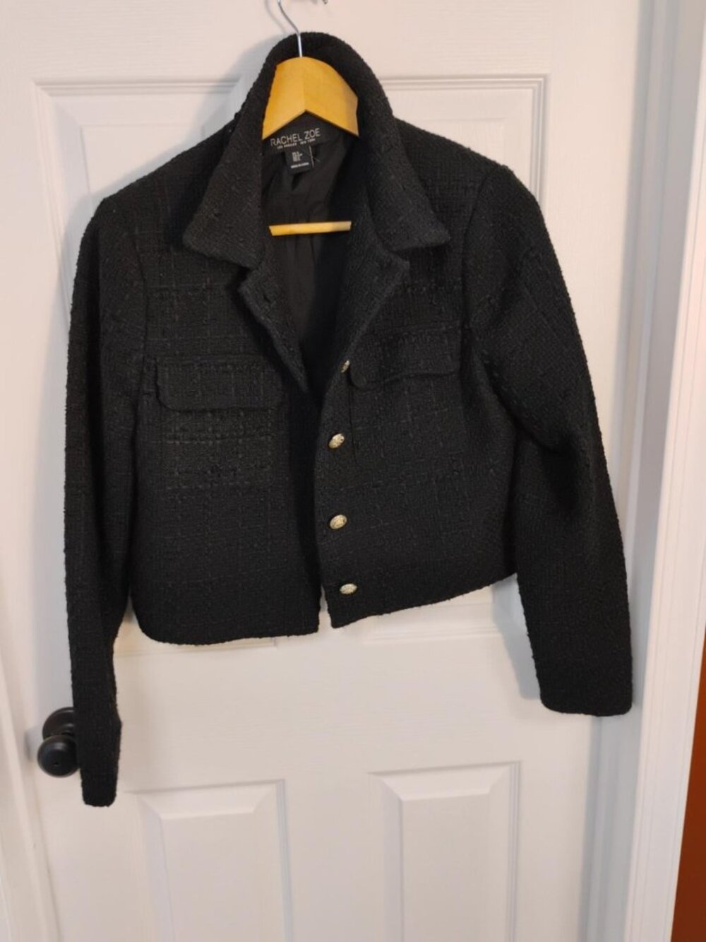 Rachel Zoe Black Bouclé Cropped Lady Jacket Silver Buttons S